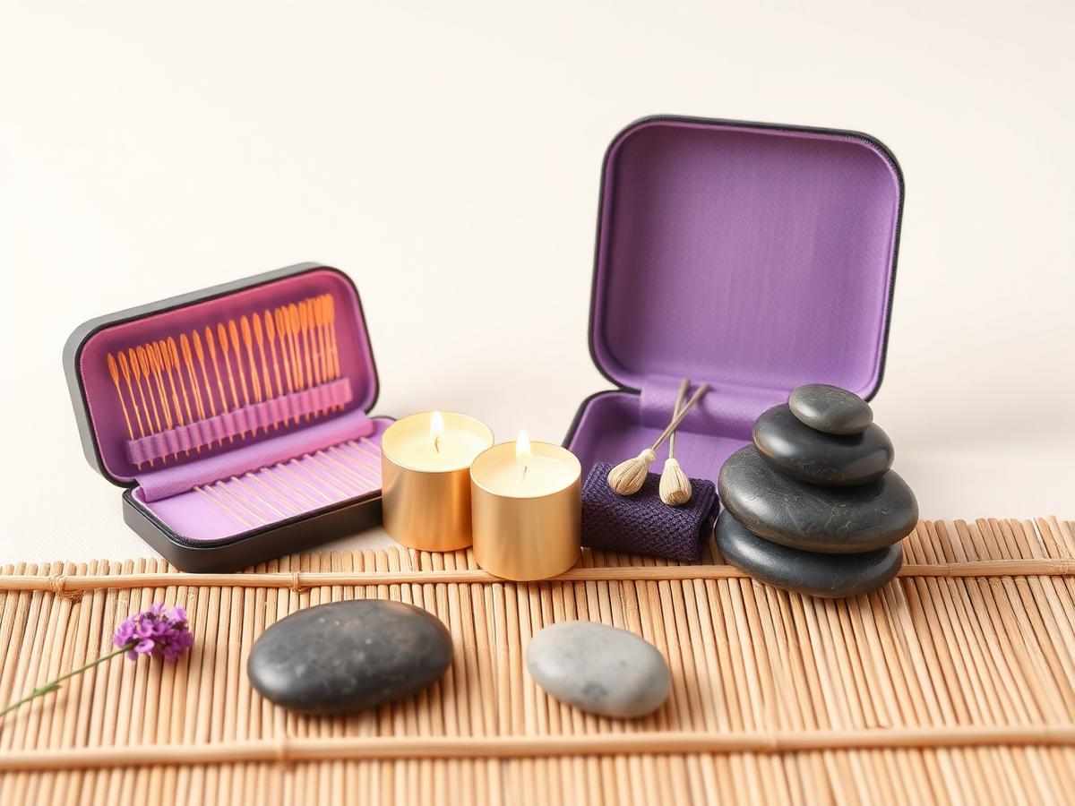 Aiguilles d'acupuncture, pierres chaudes et bougies pour la médecine traditionnelle chinoise